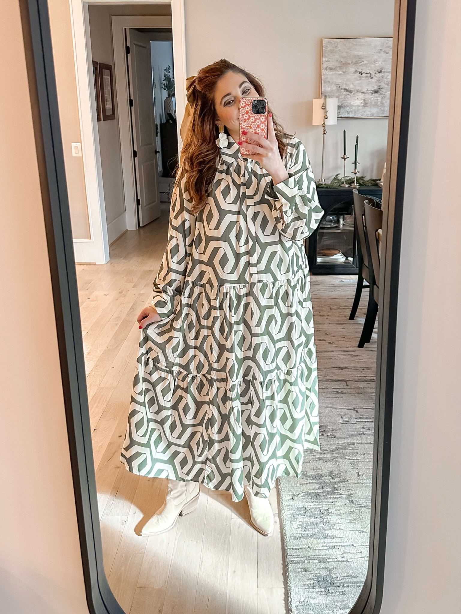This geometric print dress was so perfect for family pictures! 
Runs tts - Wearing an XL (but should of done a L) / Boots tts 

#LTKMidsize #LTKStyleTip #LTKFindsUnder50