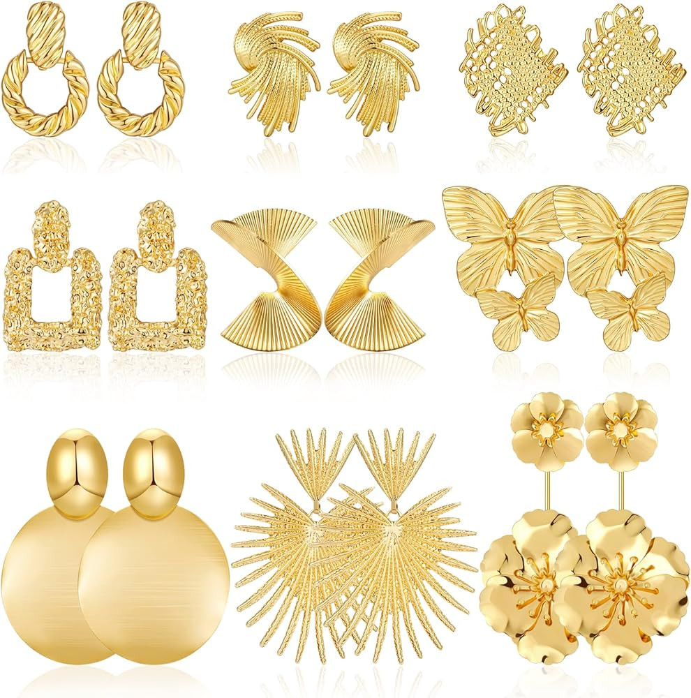 Adoyi 9 Pairs Gold Statement Earrings for Women 14K Gold Geometric Earrings Large Drop Dangle Ear... | Amazon (US)