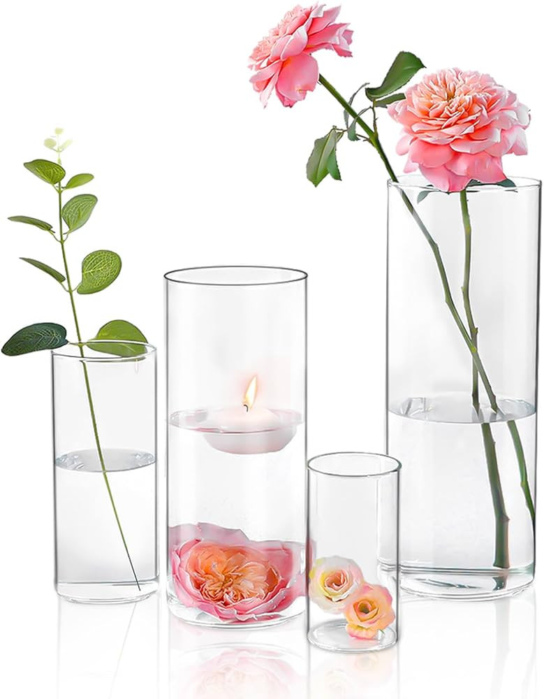 4 Pack Glass Cylinder Vases for Centerpieces | 4, 6, 8,10 Inch Tall Flower Vase for Wedding Decor... | Amazon (US)