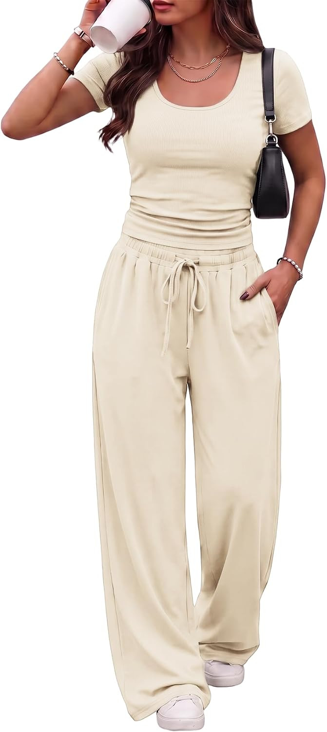 Two Piece Lounge Sets for Women Ribbed Knit Matching Set Summer Scoop Neck Tops Wide Leg Pants Airport Travel Outfit | Amazon (US)