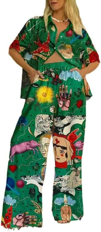Women's Summer Print Two Piece Pajama Set Short Sleeve Outfits Button Down Tops Drawstring Long P... | Amazon (US)