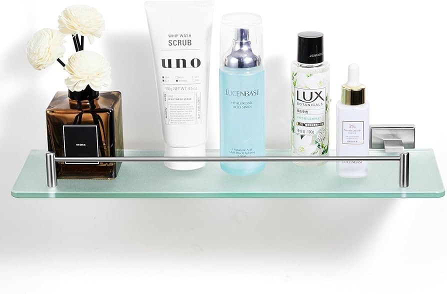 HOMEIDEAS Bathroom Frosted Glass Shelf - 16.5 Inch Tempered Glass, Wall Mounted Brushed Nickel Sh... | Amazon (US)