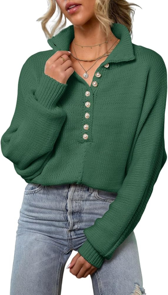 EVALESS Womens Oversized Knit Chunky Fall Sweater Tops 2024 V Neck Long Sleeve Lapel Collar Butto... | Amazon (US)