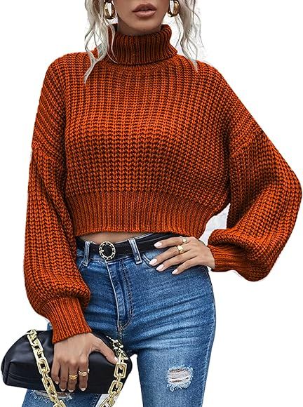 Chigant Women's Turtleneck Knit Sweaters Casual Lantern Long Sleeve Pullover Cropped Cute Jumper ... | Amazon (US)