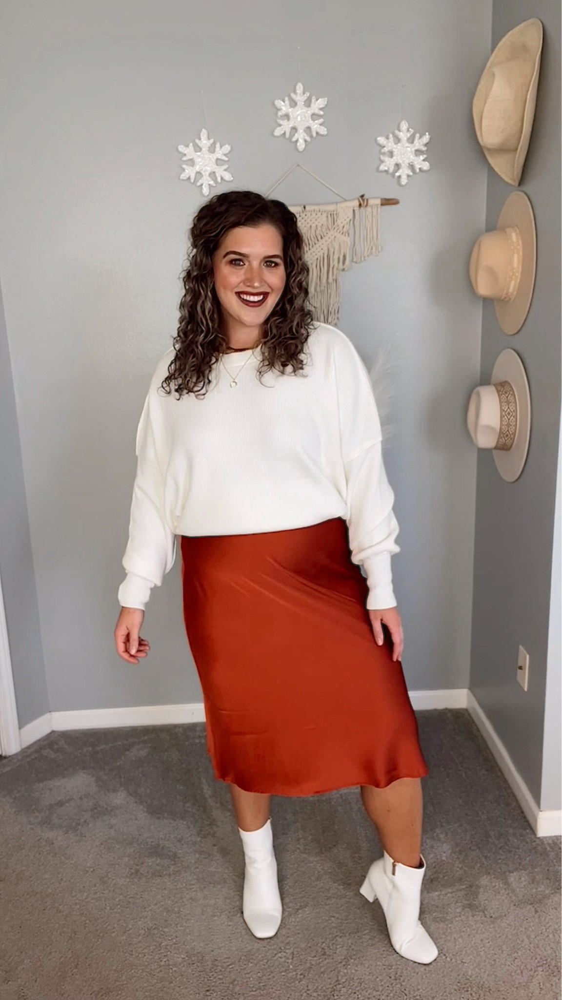 Midsize holiday outfit inspo 🥧🎄🎊
Sweater, L // Skirt, XL
Christmas dinner outfit idea 
#midsizeoutfits #holidayoutfits #holidaylooks #fallfashion #fallstyle #styleinspo #holidayinspo #winterfashion #winterstyle #affordableoutfits #sweater #skirt #silkyskirt #midiskirt #whiteboots #christmasoutfit

#LTKSeasonal #LTKHoliday #LTKcurves