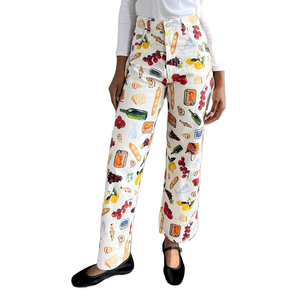 Muineobuka Women Y2k Fruit Print Jeans Graphic Print High Neck Straight Leg Denim Pants Aesthetic... | Amazon (US)