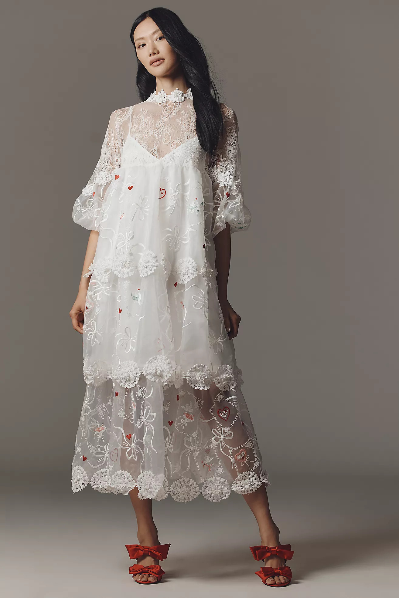 Maeve Sheer 3D Floral Long-Sleeve V-Neck Maxi Dress | Anthropologie (US)