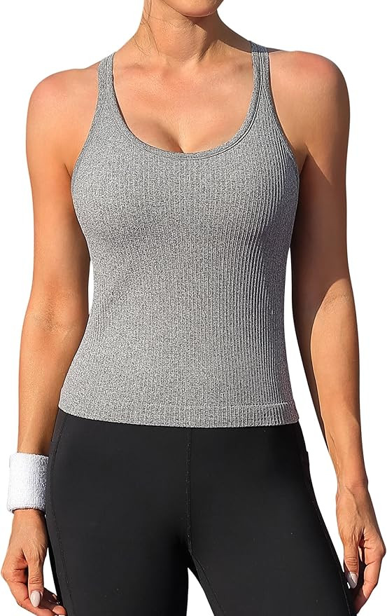 ATTRACO Women Ribbed Workout Crop Tops with Built in Bra Yoga Racerback Tank Top Tight Fit | Amazon (US)