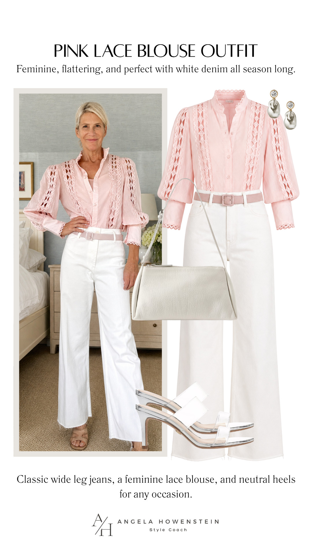 This pink lace blouse adds the perfect feminine touch to classic white wide leg jeans. It’s an effortlessly polished outfit for brunch, showers, dinner out, or any occasion where you want to feel put together.

👩‍💻 LTK PRO TIPS
❤️ Heart = Support my posts ;-)
🔖 Save = Get sale &restock alerts for the things you love!
📋 Lists = Keep favorites organized (List ideas: Christmas, Birthdays, and Vacations!)
📲 Share = Send lists and products to a friend (or your daughters like me).
💬 Comment = Ask me anything, and I’ll answer. ;-) 

 #LTKootd #LTKSeasonal #LTKOver40