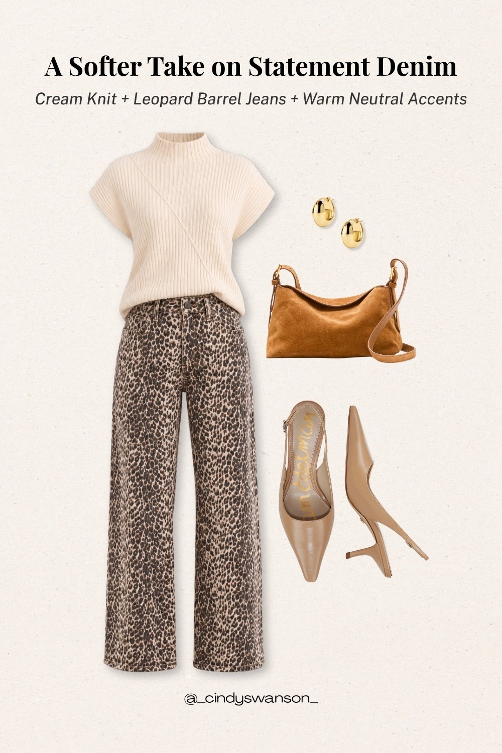 A cream knit top is such a lovely way to soften a statement pair of leopard-print barrel jeans. I love how the warm neutral tones, classic gold jewelry, and cognac accessories come together for a polished look that feels just as fitting for lunch out as it does for a casual day of shopping.

#LTKootd #LTKOver40
