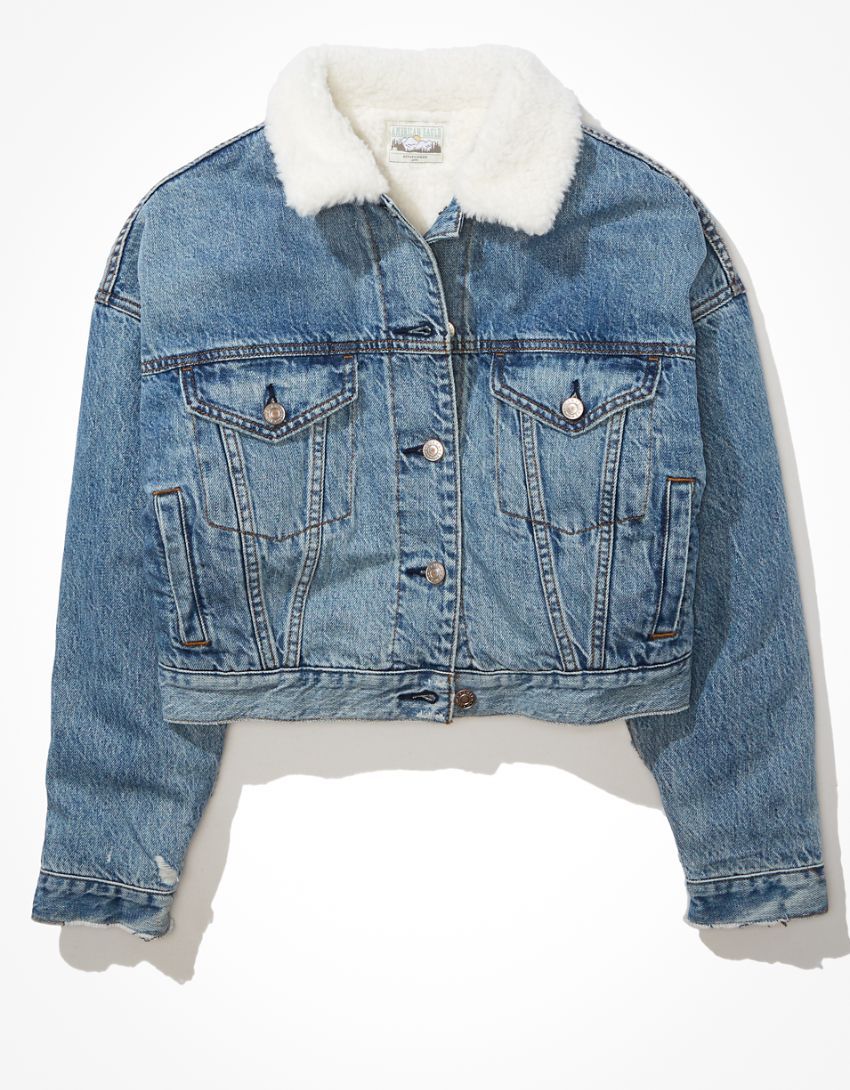 AE Cropped Sherpa-Lined Denim Jacket | American Eagle Outfitters (US & CA)