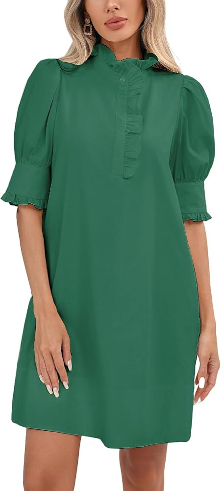 YEXPINE Women's Puff Short Sleeve Stand Ruffle Collar Summer Dress Casual A Line Shift Mini Dress with Pockets | Amazon (US)