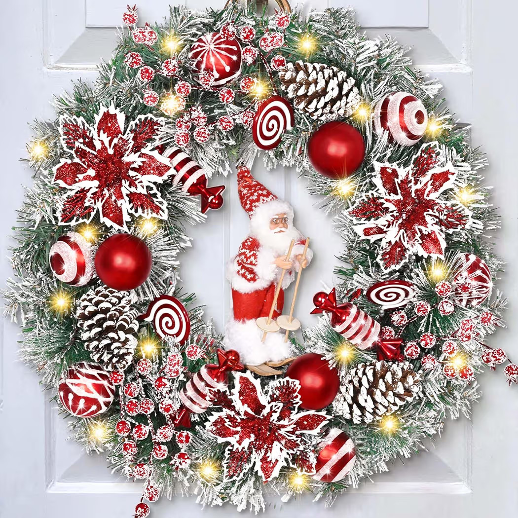 Christmas Wreaths for Front Door, 18" Christmas Wreath with Skiing Santa Claus, Red Poinsettias C... | Amazon (US)