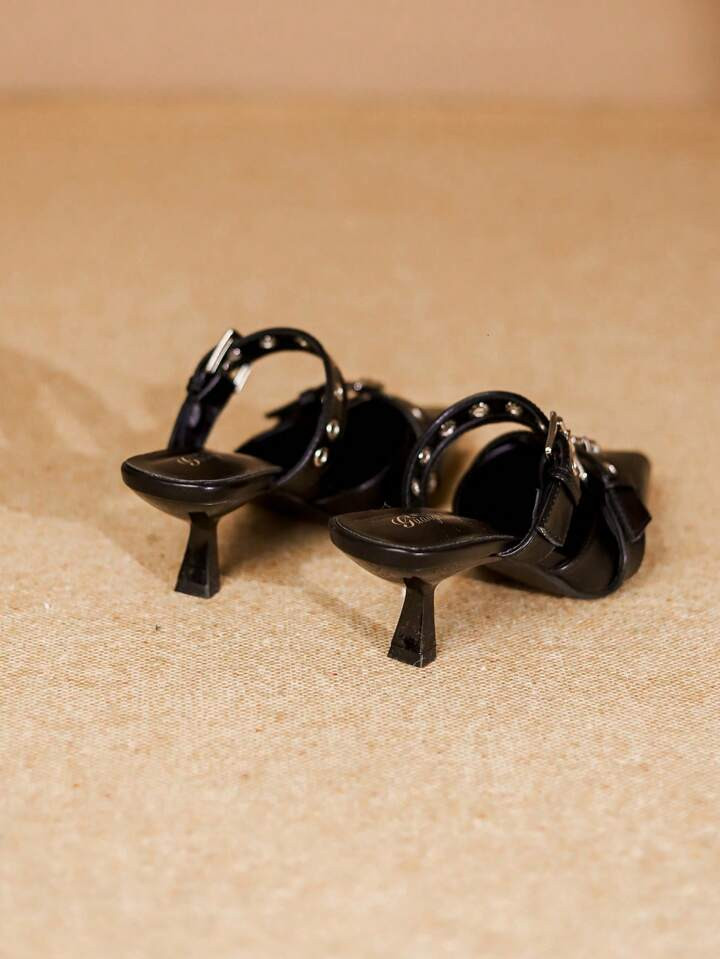 Women Buckle Decor Point Toe Sculptural Heeled Pumps, Fashion Black Mule Pumps | SHEIN
