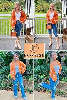 ECOWISH Women's Cardigan Sweaters - Floral Knit Open Front Cardigans Long Sleeve Sweater Outwear ... | Amazon (US)
