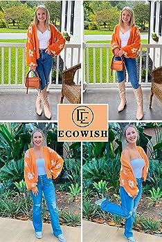 ECOWISH Women's Cardigan Sweaters - Floral Knit Open Front Cardigans Long Sleeve Sweater Outwear ... | Amazon (US)