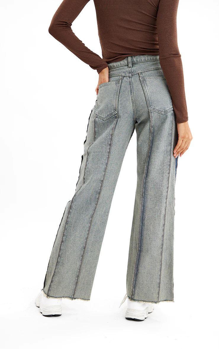 Washed Grey Inside Out Look Wide Leg Jeans | PrettyLittleThing US