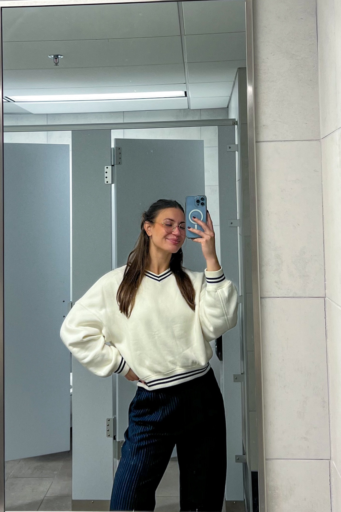 abercrombie high waisted sloane wide leg pant - 26, long 

abercrombie game day sweater - small

amazon gold cat eye blue light glasses

#LTKFindsUnder100 #LTKWorkwear #LTKStyleTip
