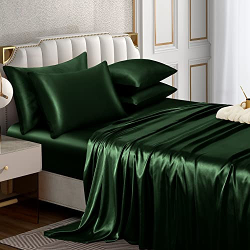 Horbaunal 6 Piece Satin Sheet Set King Size Luxury Silky & Soft Emerald Green Satin King Bed Sheet Set with 16" Deep Pocket, 1 Fitted Sheet, 1 Flat Sheet, 4 Pillowcases | Amazon (US)