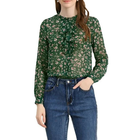 Allegra K Women s Ruffle Collar Long Sleeve Button Down Floral Shirt | Walmart (US)