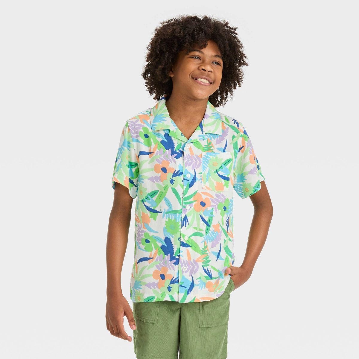 Boys' Short Sleeve Tropical Printed Button-Down Shirt - Cat & Jack™ Green | Target