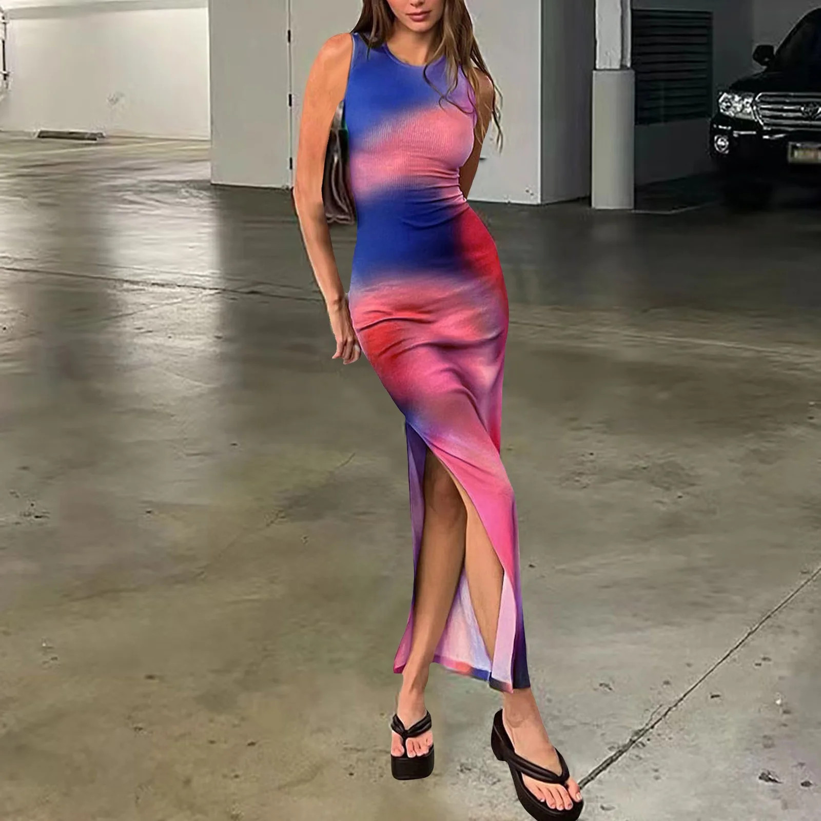 Women's Casual Tie Dye Bodycon Maxi Dress Sleeveless Tank Wrap Split Y Long Dresses - Walmart.com | Walmart (US)