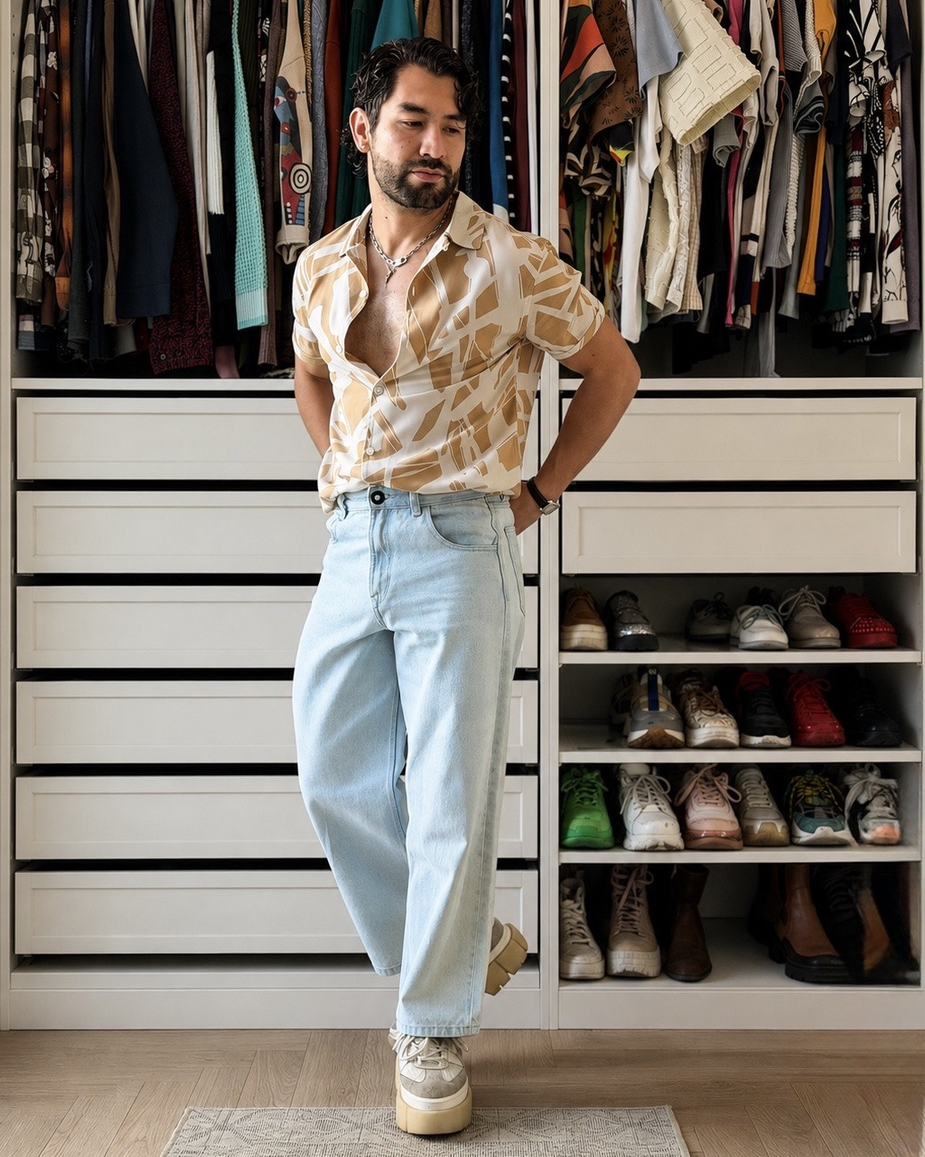 Color story: sand, ivory, and faded blue—soft neutrals with a relaxed vintage feel.

Accessory formula: sculptural silver rings + a classic rectangular watch for just the right amount of polish.

#LTKgrwm #LTKootd #LTKMens