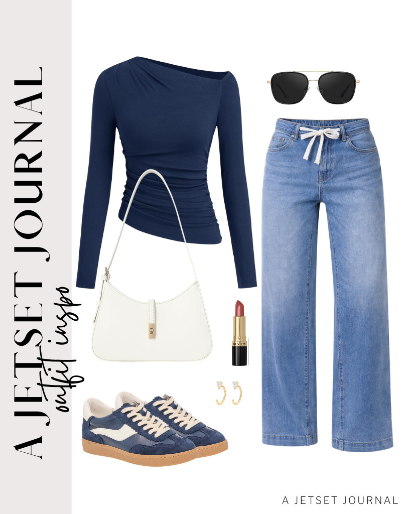 You will love this navy blue off-the-shoulder top, which pairs well with wide-leg jeans and Dolce Vita Zina sneakers. These WearMe Pro sunglasses are the perfect eyewear for this outfit. 

 #LTKSeasonal #LTKSaleAlert #LTKTravel