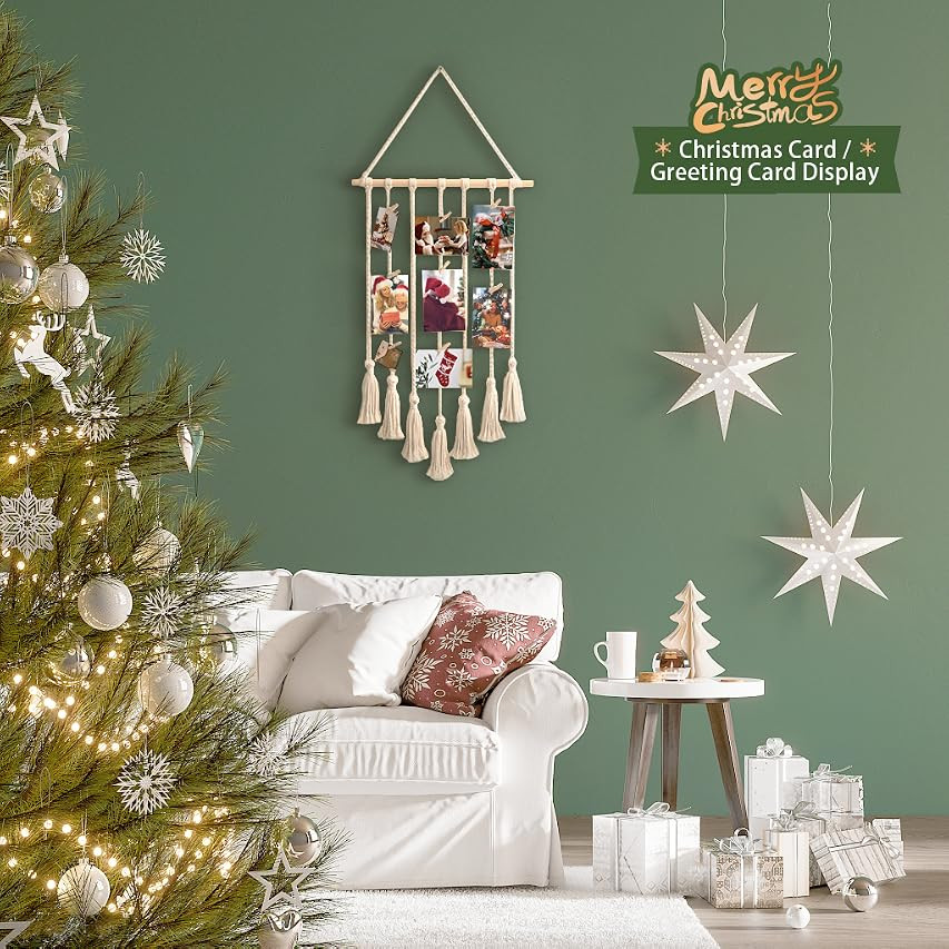 Mkono Hanging Photo Display Macrame Wall Hanging Pictures Cards holder Boho Christmas Decor Home Chi | Amazon (US)