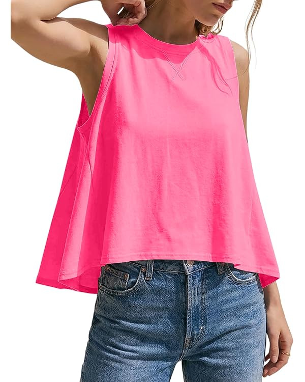 Kumufenc Women Summer Casual Flowy Tops Loosefit Crop Tank Tops Sleeveless Crewneck High Low Top | Amazon (US)