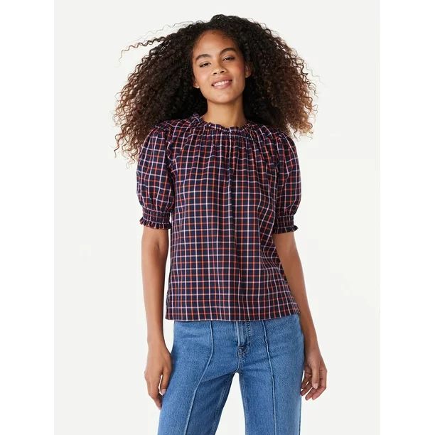 Free Assembly Women's Plaid Ruffle Neck Top with Short Puff Sleeves, Sizes XS-XXL | Walmart (US)