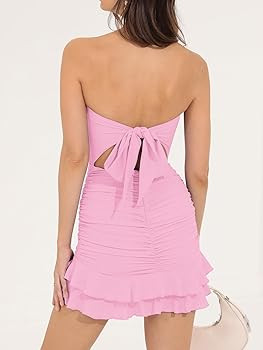 Mizoci Women's Sexy Tube Top Bodycon Mini Dress Strapless Ruffle Bow Back Ruched Party Short Dres... | Amazon (US)