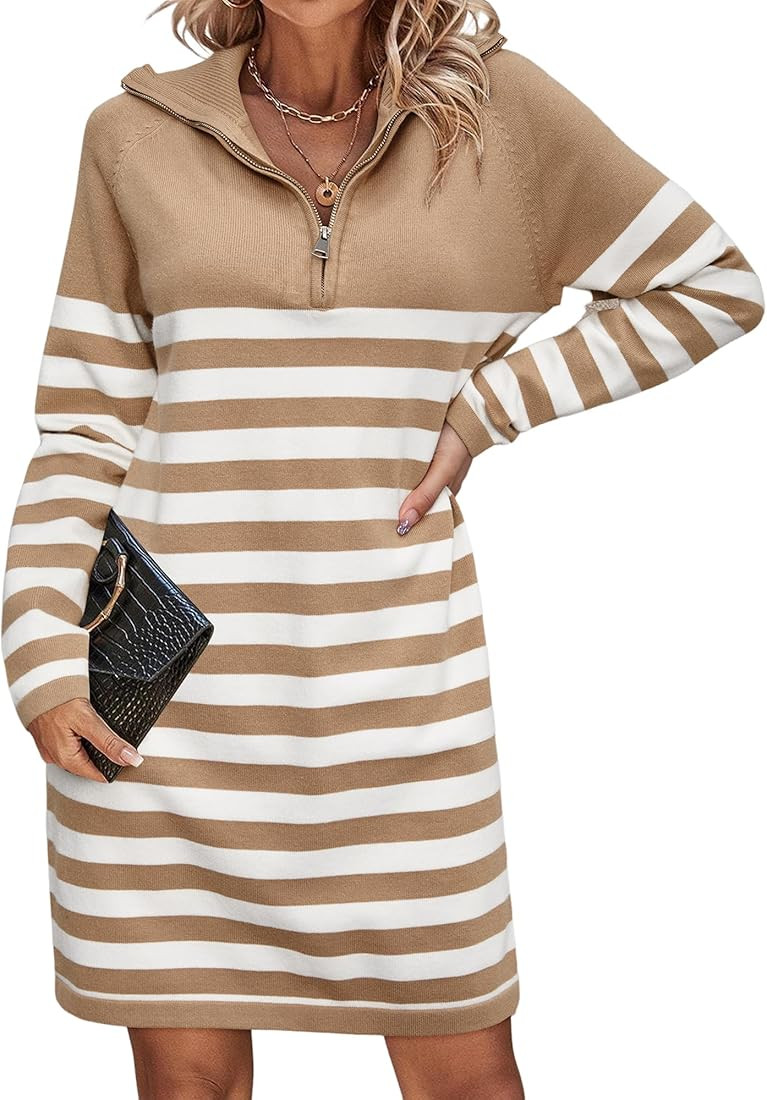 Newshows Women's Striped Sweater Dress 2024 Fall Long Sleeve V Neck Chunky Knit Loose Winter Dres... | Amazon (US)