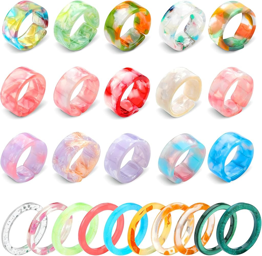 Hicarer 25 Pieces Colorful Resin Rings Set Acrylic Plastic Thin Open Adjustable Band Rings Retro ... | Amazon (US)