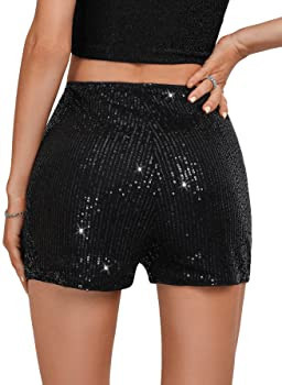 SweatyRocks Women's Sequins High Elastic Waist Straight Leg Shorts Solid Glitter Party Shorts | Amazon (US)
