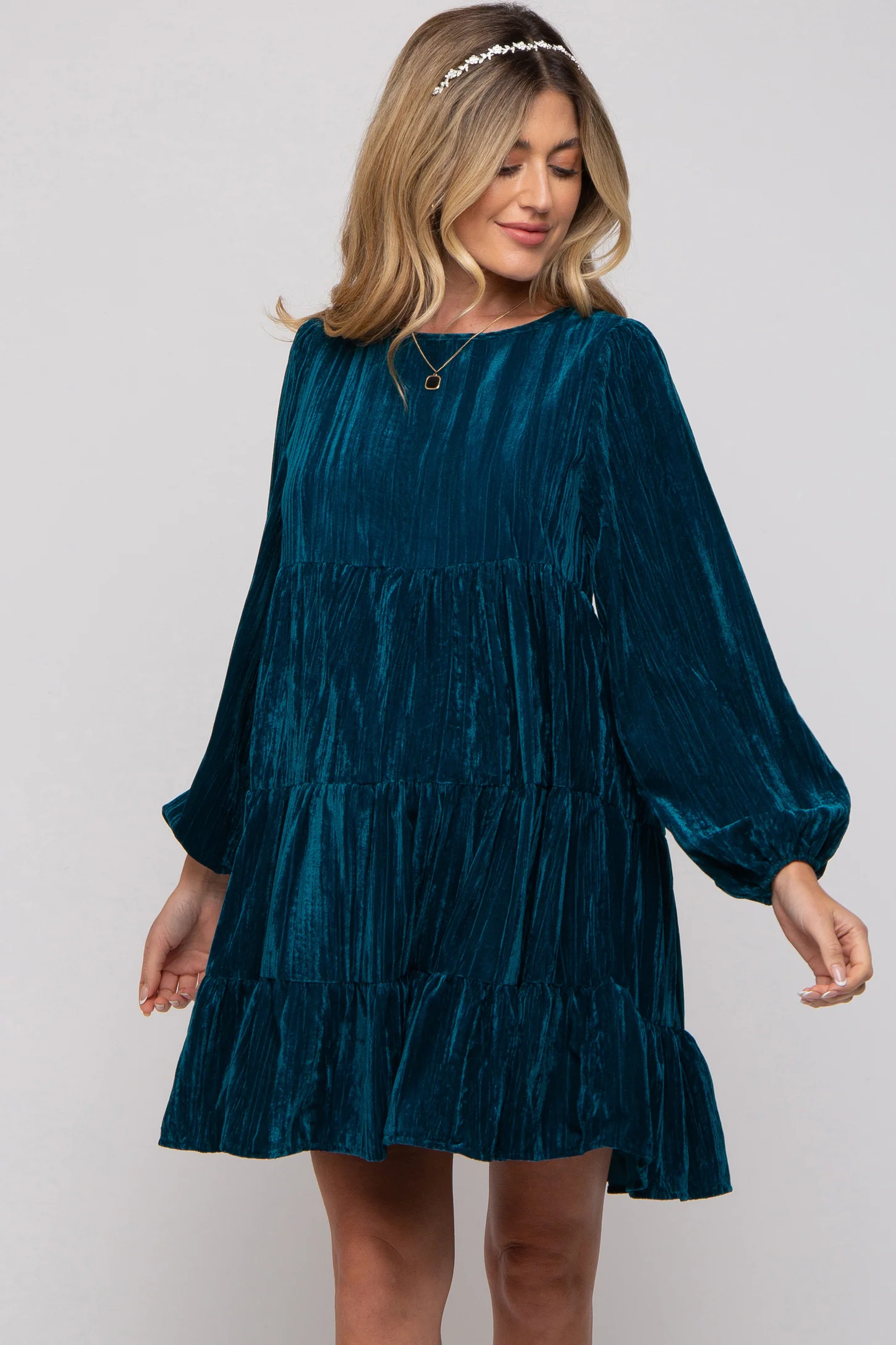 Teal Velvet Tiered Long Sleeve Maternity Dress | PinkBlush Maternity