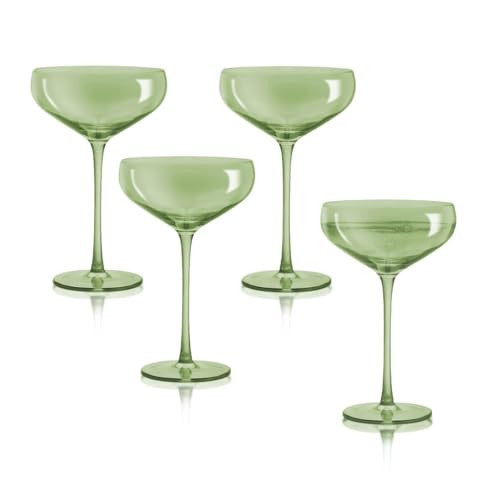 QUALIA Carnival Sage Green Champagne Coupe Glasses Set of 4 Iridescent Coupe Glasses, Lead-Free Hand Blown Colored Glassware, 13 oz Colored Cocktail Glass, Wedding Gifts For Women, Home Bar Gift | Amazon (US)