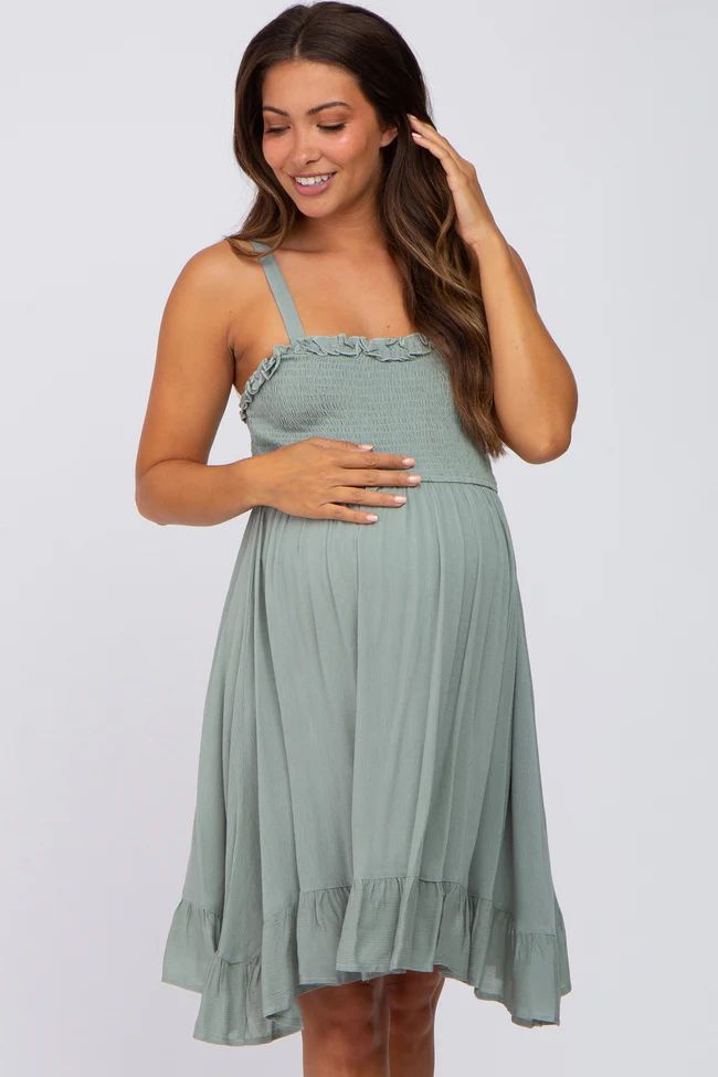 Sage Sleeveless Smocked Ruffle Hem Maternity Dress | PinkBlush Maternity