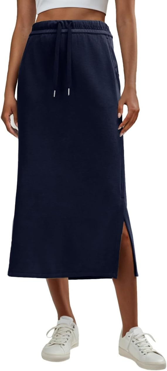 Lepunuo Casual Maxi Skirts for Womens High Waist Trendy Drawstring Side Slit Skirts with Pockets | Amazon (US)