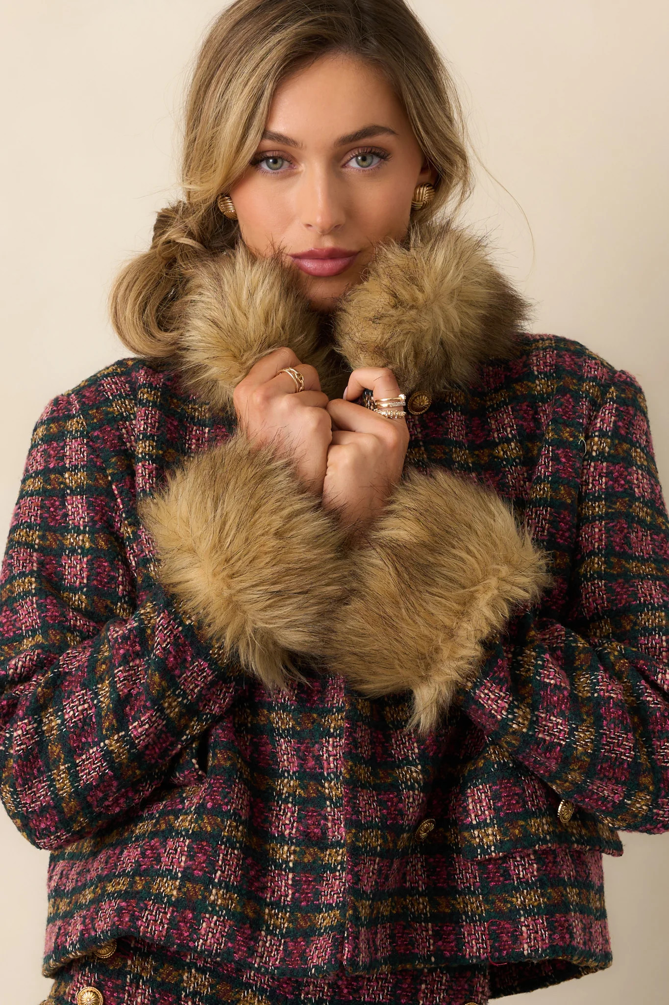 Prosperina Bouvier Pink Multi Plaid Tweed Jacket | Red Dress