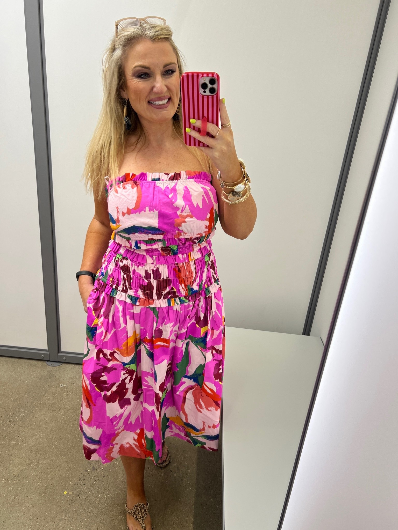 Strapless midi dress on a bright tropical print. 

Wearing my true size medium

#LTKootd #LTKSaleAlert #LTKMidsize
