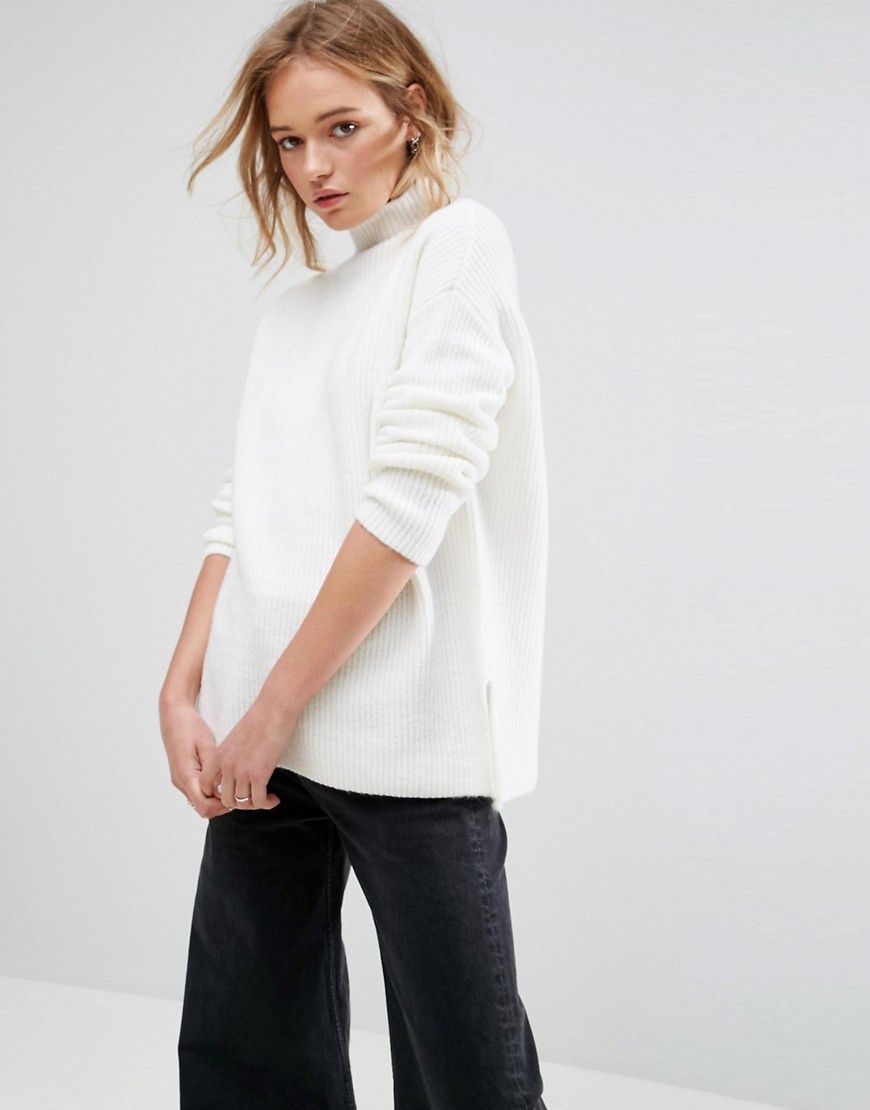 ASOS Chunky Sweater With Turtleneck In Fluffy Yarn - White | ASOS US