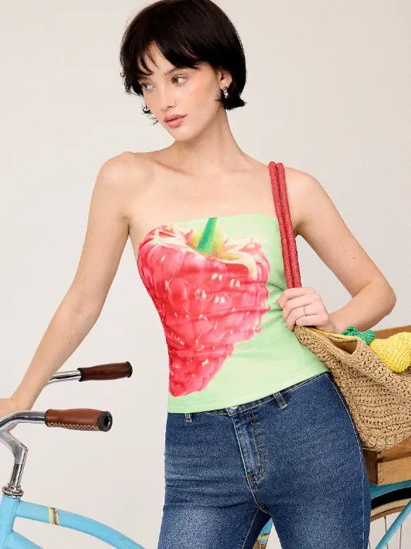 Mesh Raspberry Graphic Strapless Bandeau Top | Cider