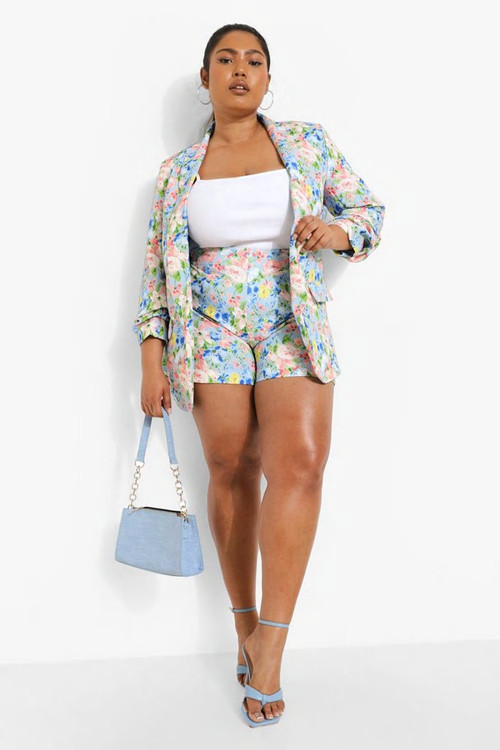 Plus Floral Ruched Sleeve Blazer | Boohoo.com (US & CA)