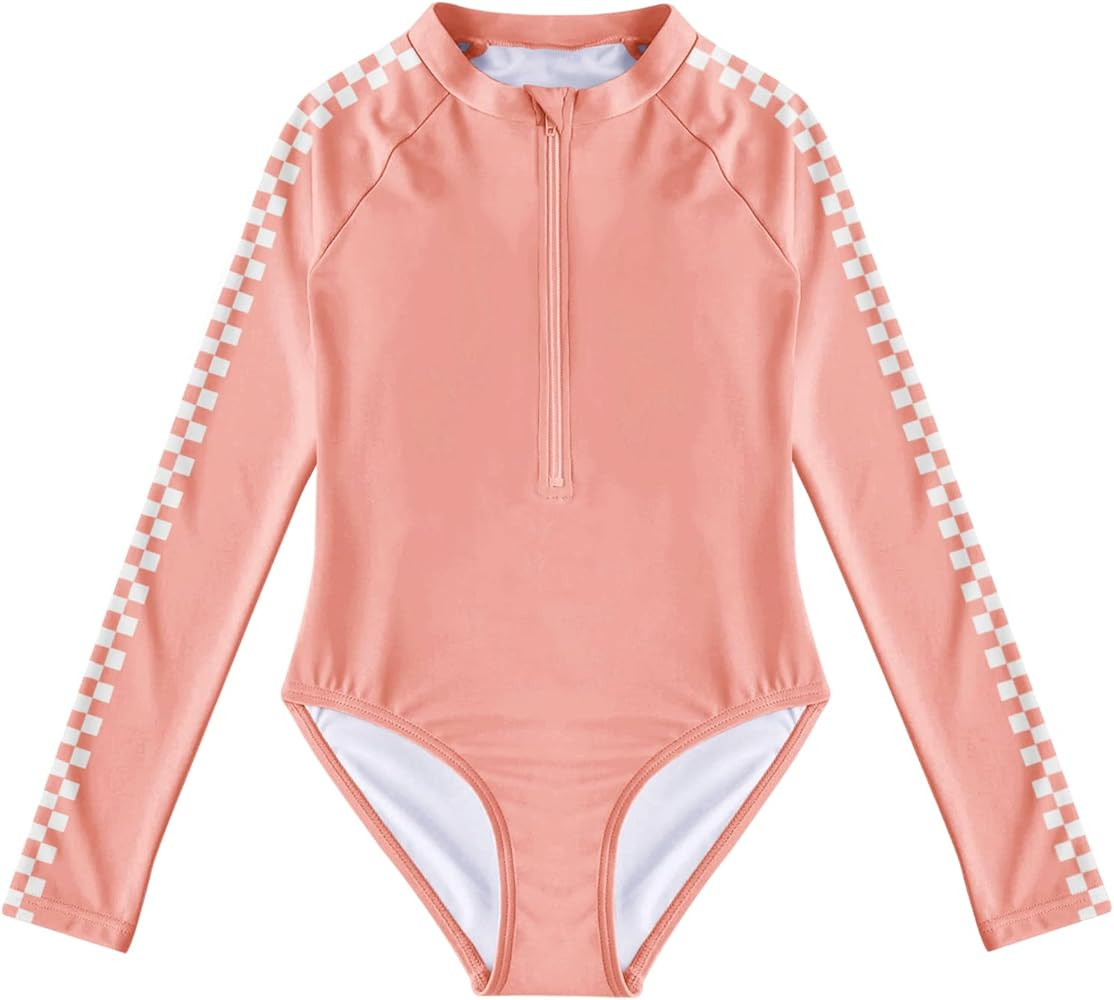 Girls One-Piece Swimsuits Plaid Long Sleeve Beachwear Zip Rash Guard Swimwears | Amazon (US)
