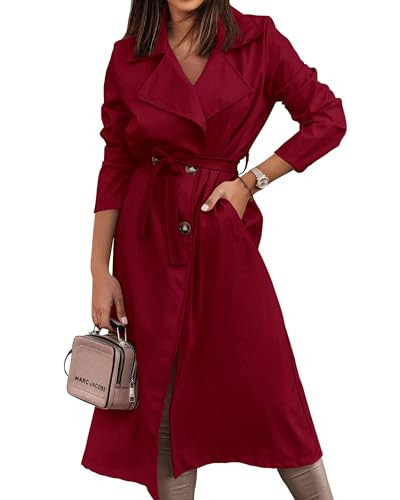 KIRUNDO Womens Trench Coat Oversized Long Sleeve Lightweight Lapel Belted Casual Jacket Dress Coats With Pockets(Red, XX-Large) | Amazon (US)