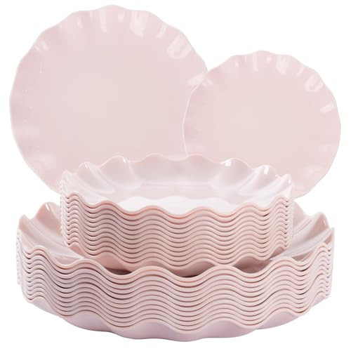 LIYH 24 Pcs Pink Plates Reusable, Pink Plastic Scalloped Plate Durable and Dishwasher Safe,Baby Shower Plate, Light Weight Daisy Plastic Wavy Plates for Mothers Day Plates Wedding Party Birthday | Amazon (US)