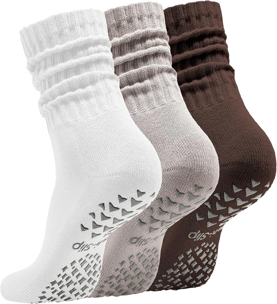 Women’s Pilates Socks with Grips – 3 Pairs Scrunch Crew Non-Slip Yoga Barre Workout Hospital ... | Amazon (US)