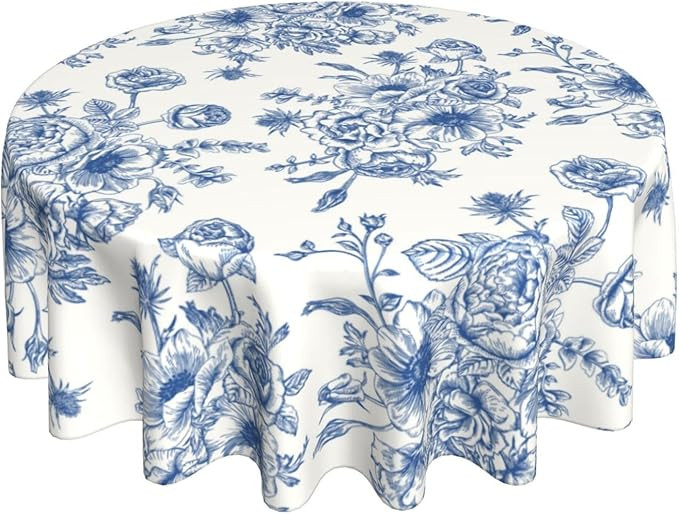 Blue Floral Tablecloth 70 Inch Round Blue and White Chinoiserie Flower Toile Table Cloth Vintage ... | Amazon (US)