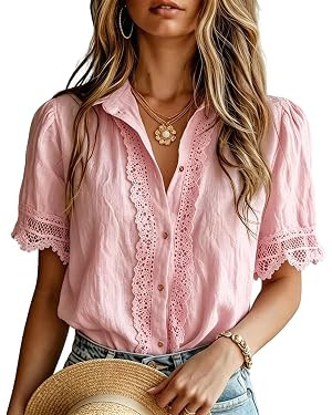 Women's Lace Trim Button Down Shirts Short Sleeve Collared V Neck Summer Casual Work Blouse Top | Amazon (US)